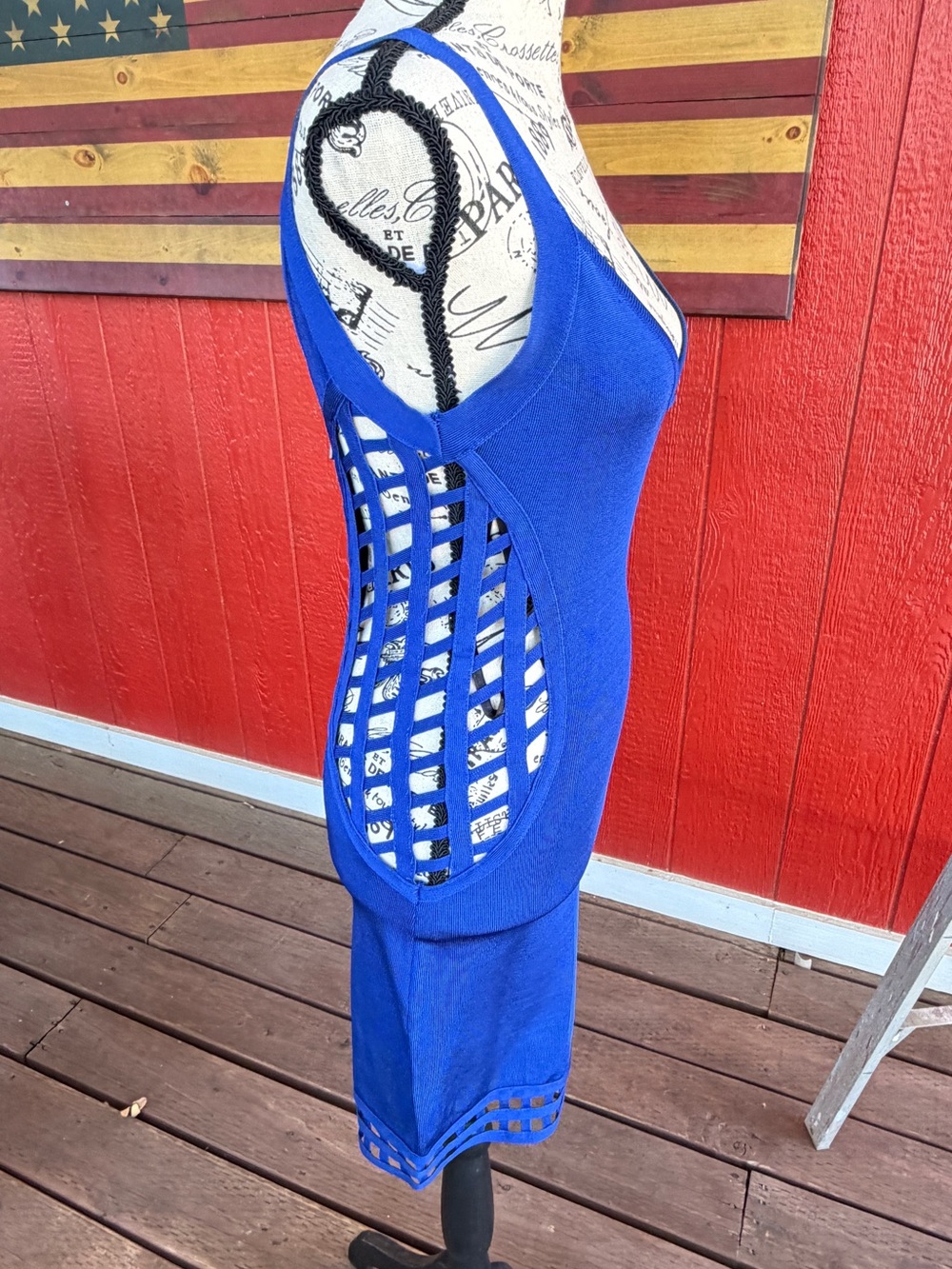 bebe Royal Blue Bodycon Cutout Cage Bandage Mini Dress Size Small - Picture 4 of 5